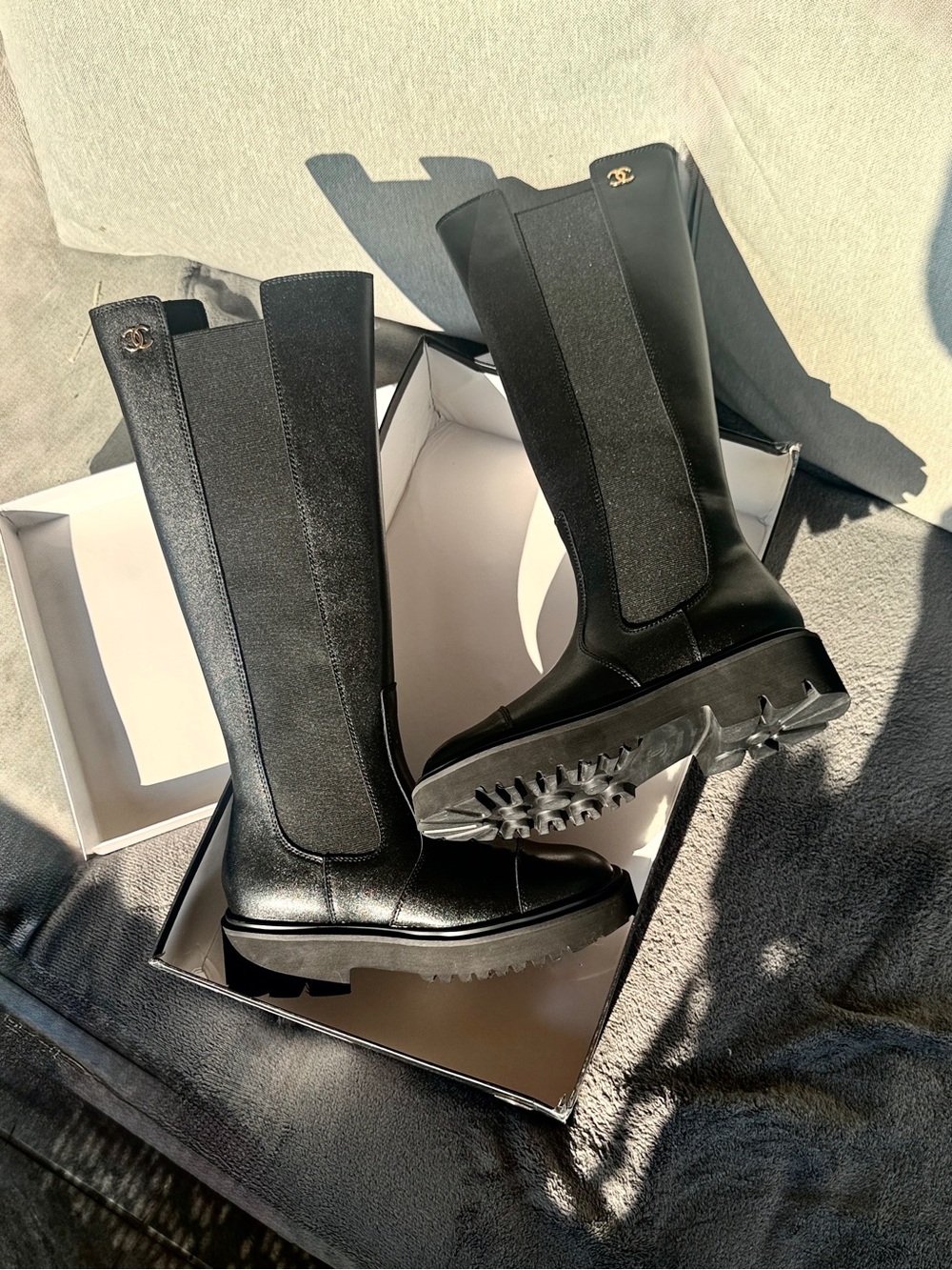 CHANEL Black Lug Sole platform riding Boots